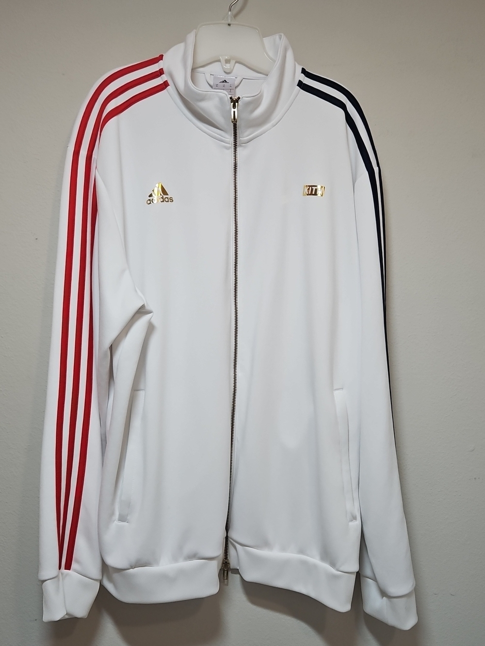 Kith Adidas Xl White Track Jacket with Red & Navy Sleeve Stripes